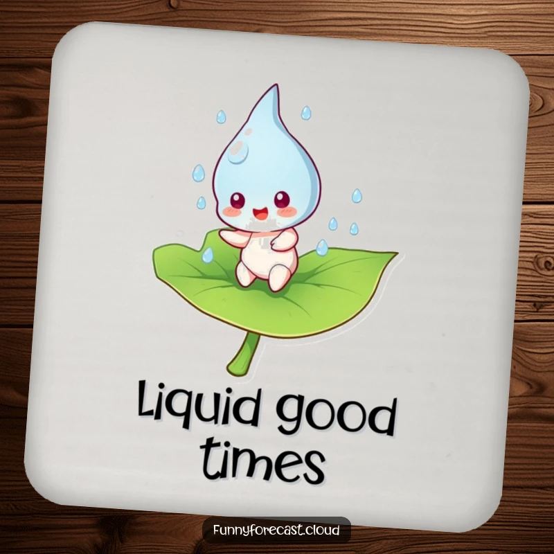 Funny raindrop character joyfully bouncing on a leaf, featured on a protective drink coaster for tables.