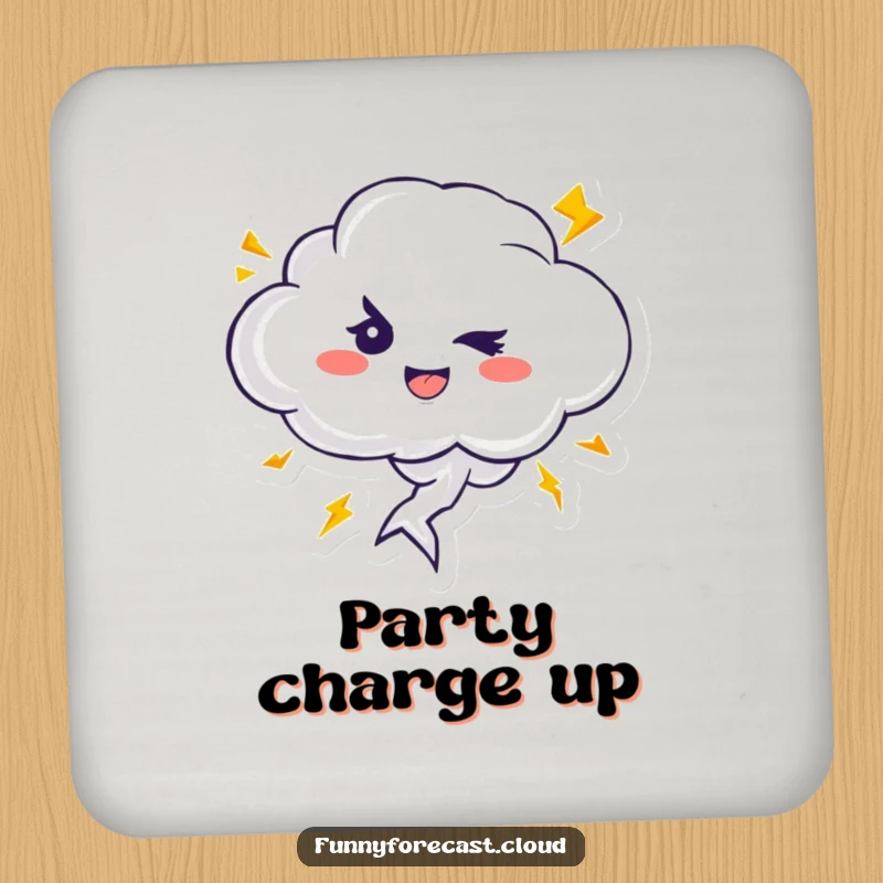 Funny drink coasters featuring a cute thundercloud character winking, with playful lightning bolts zipping around, adding character to any table.