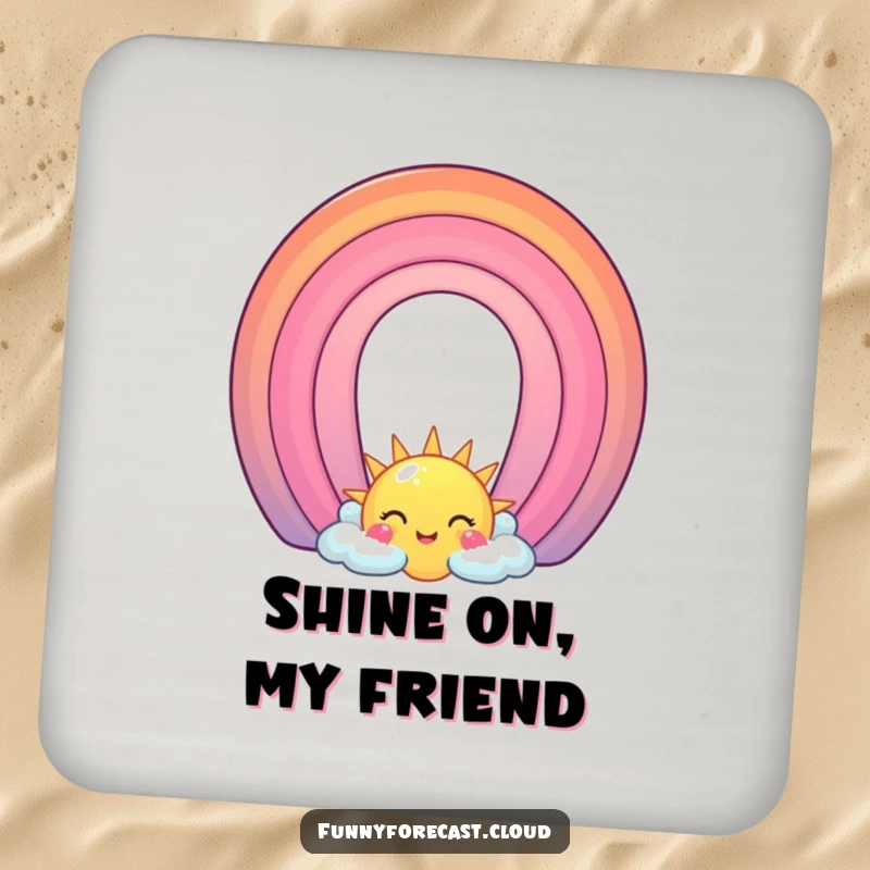 Funny Coasters: A smiling sun and a colorful rainbow character arching, protecting your furniture with cheerful art.