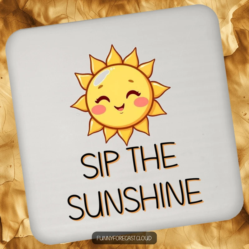 Funny cute kawaii sun character winking, casting a beam of light. A humorous and protective drink coaster.