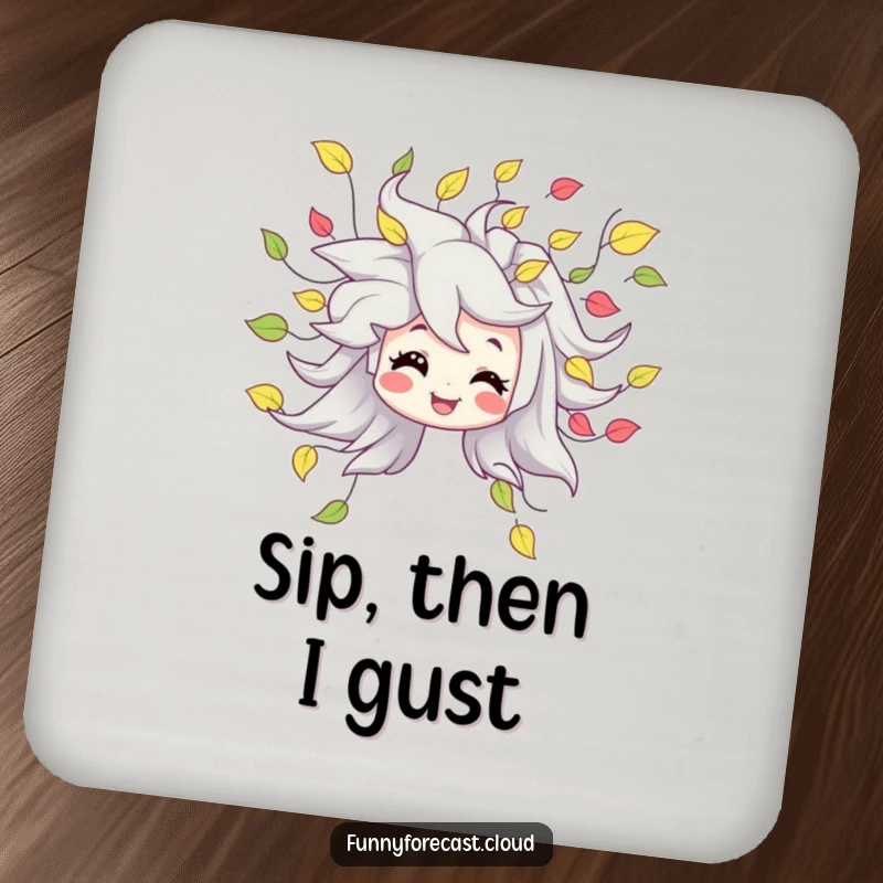 Funny drink coasters featuring a smiling wind character blowing a gentle, playful swirl of leaves, adding charm to any table.