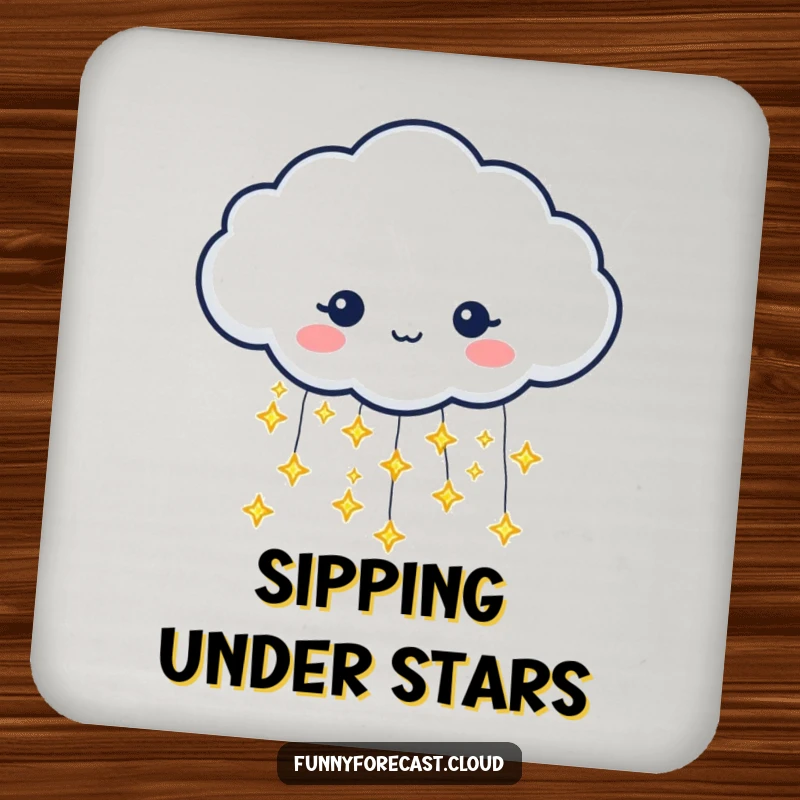 Funny drink coaster with a rain cloud character pouring tiny, glittering stars instead of rain. Magical decor.