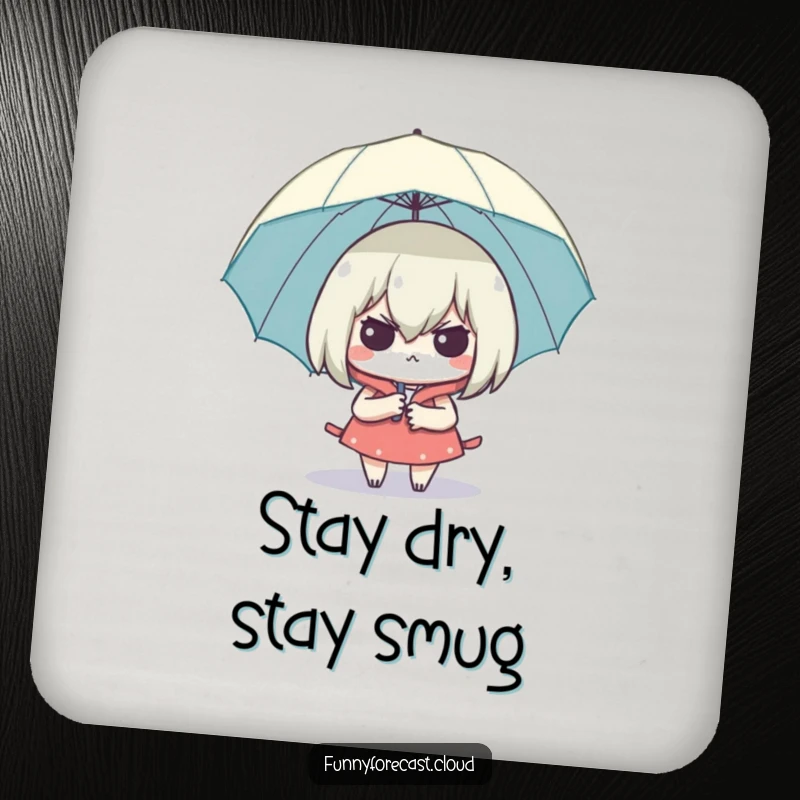Funny Smug Umbrella Coaster depicting a character looking dry and smug under an umbrella, a witty protector for tabletops.