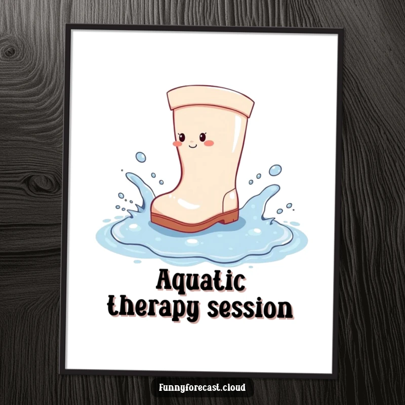 Funny Poster: A happy rain boot enthusiastically splashing in a colossal puddle, creating a water spectacle.