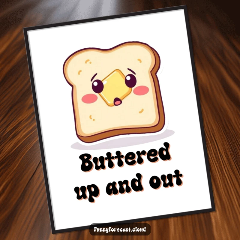 Funny Poster: A sentient piece of toast with a comically shocked expression as butter slides off.