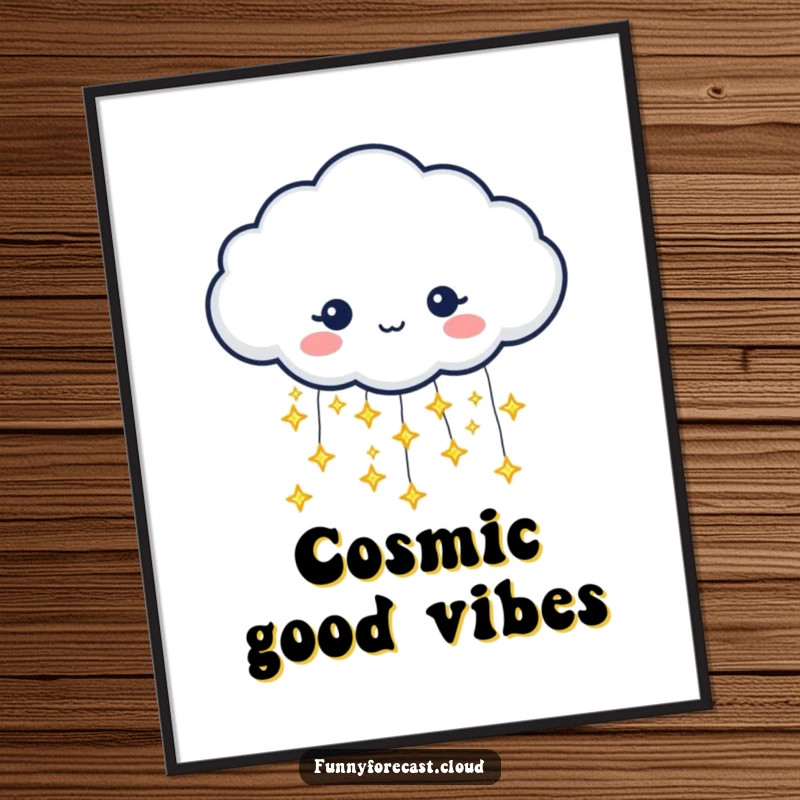 Funny poster art of a rain cloud character pouring tiny, glittering stars instead of traditional raindrops. Magical illustration.