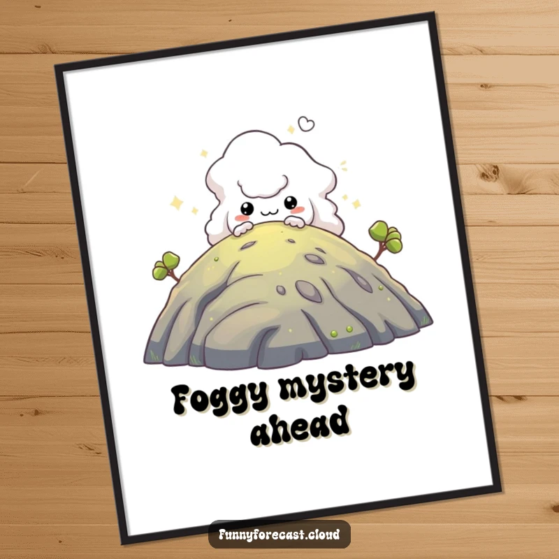 Funny poster: A curious fog creature peering from behind a hill, evoking a sense of playful mystery.