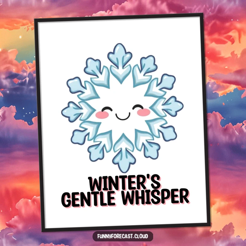 Funny poster: A happy snowflake with a sweet smile, falling gently to create a charming winter scene.