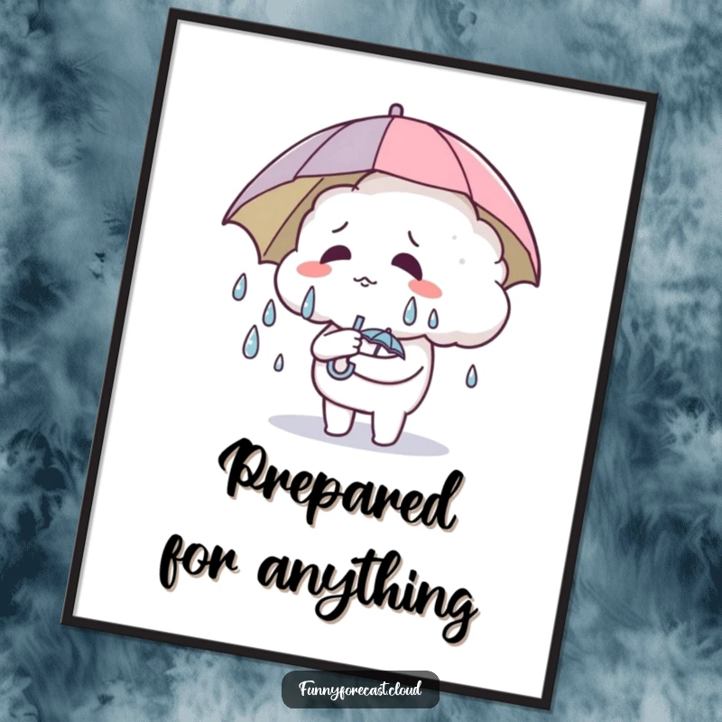 Funny Poster: A cute cloud character sweating heavily while holding a tiny umbrella, humorous wall art.