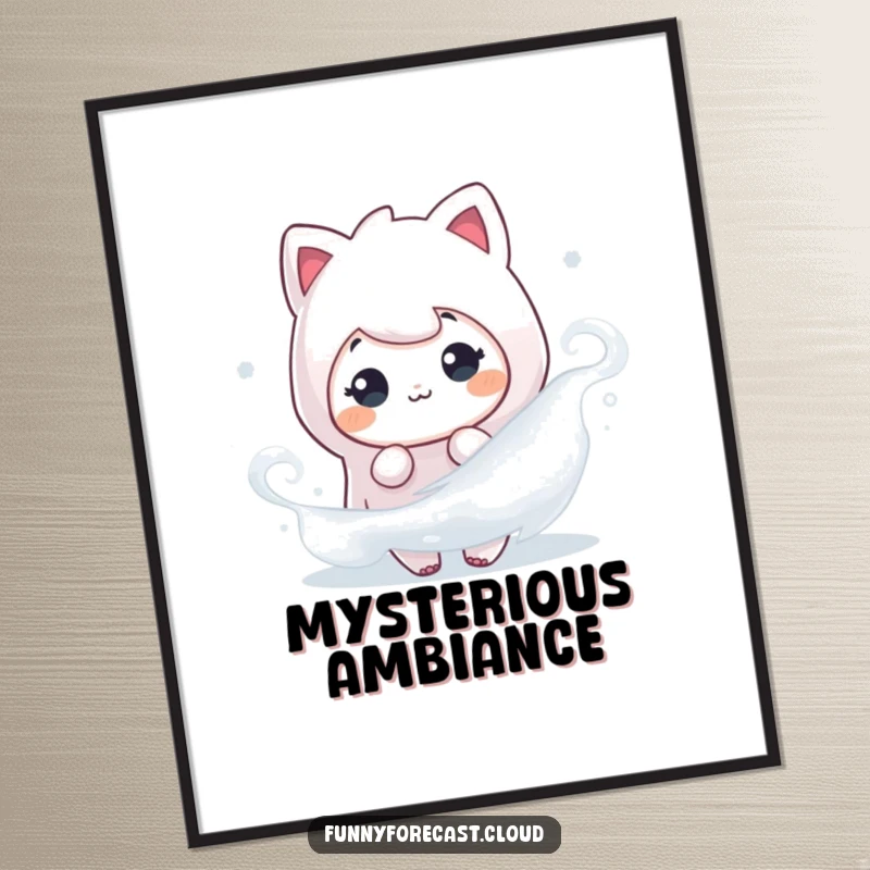 Funny poster showcasing a fog character playfully peeking from a misty swirl, creating an intriguing visual.