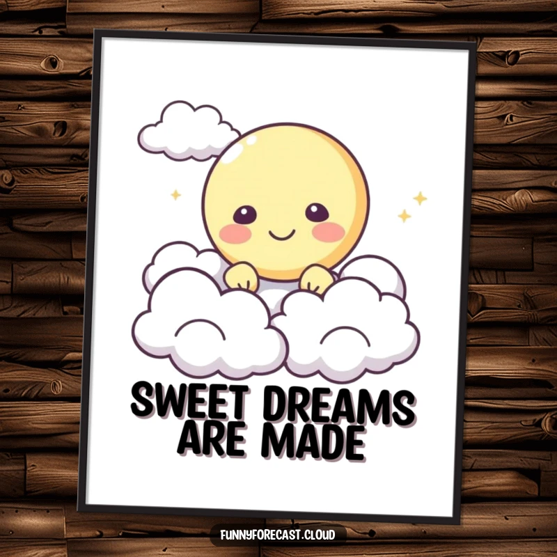Funny Poster: A happy moon character peeking from behind fluffy clouds, creating a cheerful and enchanting scene.