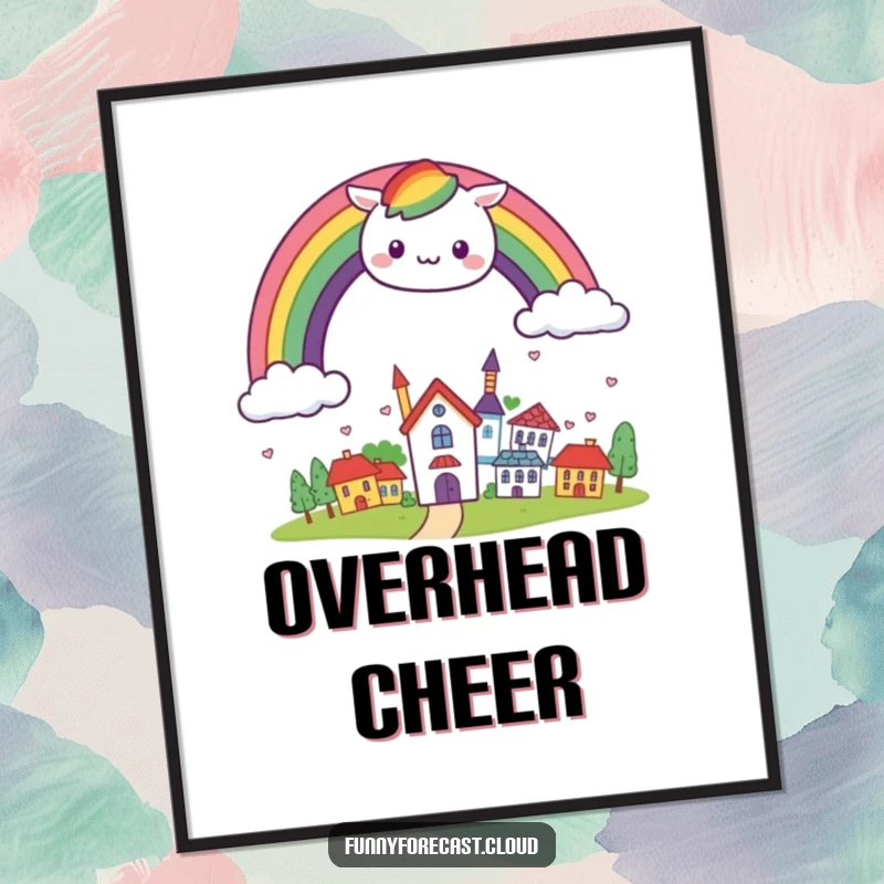 Funny kawaii rainbow arching cheerfully over a small, smiling town, presented as vibrant and joyful wall art.