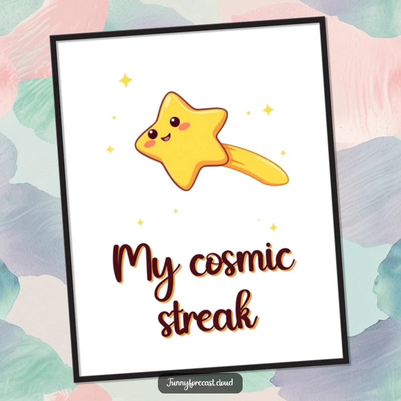 Funny kawaii shooting star character poster, zooming with a trailing giggle, whimsical and humorous celestial wall art.