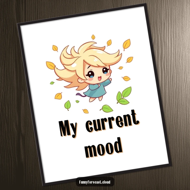 Funny kawaii wind character poster, playfully swirling leaves in a cheerful autumn gust, whimsical and humorous wall art.