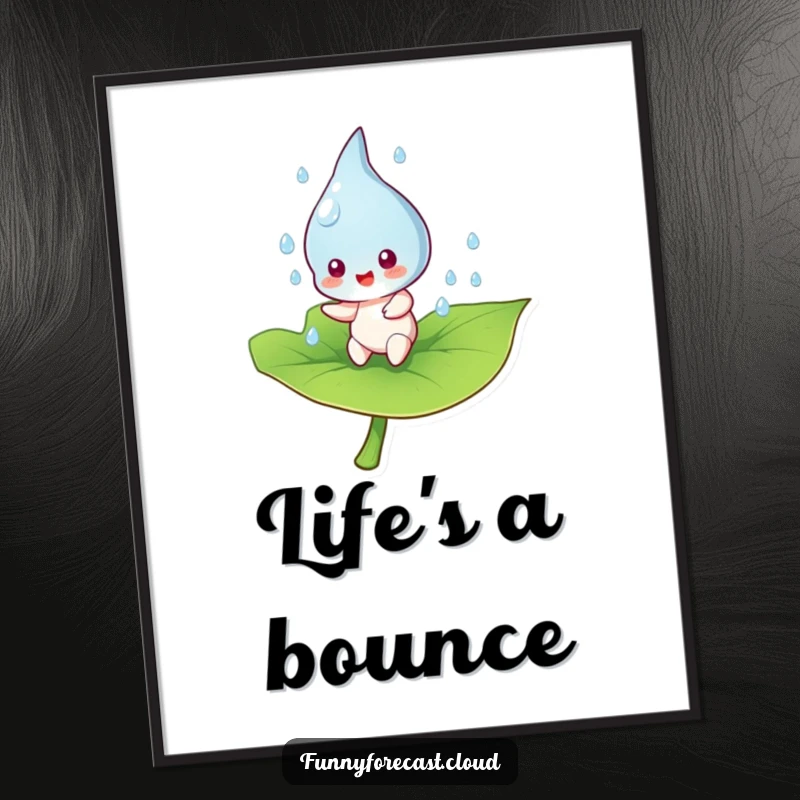 Funny raindrop character captured in a lively mid-air bounce on a green leaf, a vibrant poster for happy spaces.