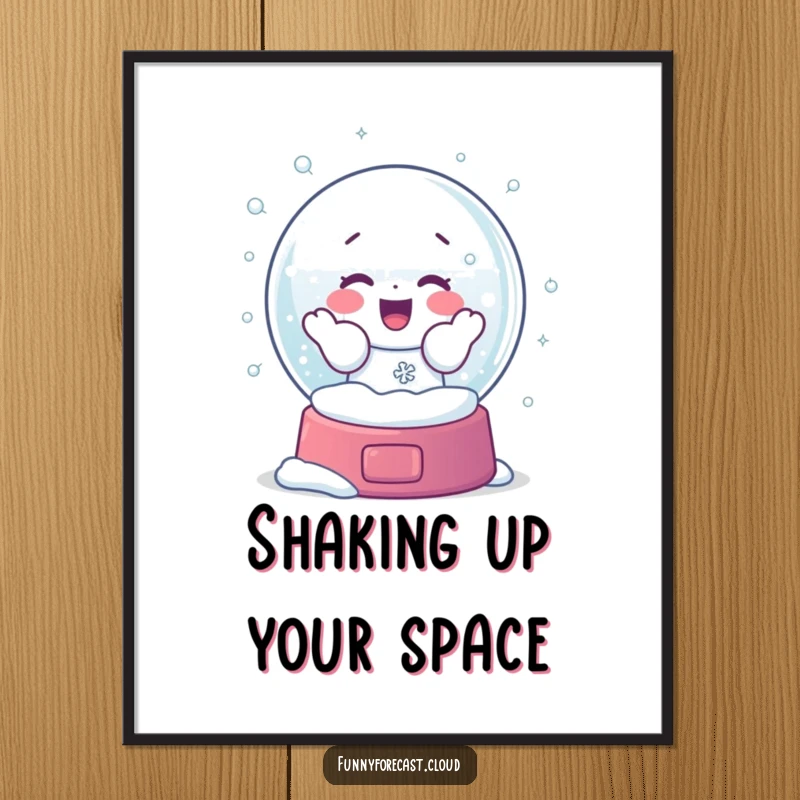 Funny poster showcasing a snow globe character gleefully shaking itself, creating a mesmerizing swirl of snowflakes with frosty delight.
