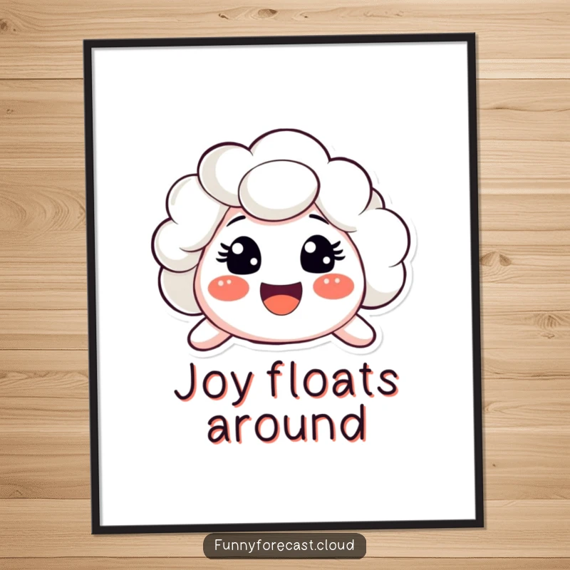 Funny poster featuring a cloud character with an enormous, surprised, and joyful smile. Cheerful wall art.