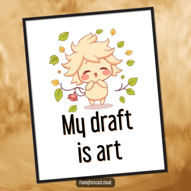 Funny poster showcasing a whimsical wind character with rosy cheeks, joyfully blowing a cascade of autumn leaves across the canvas.