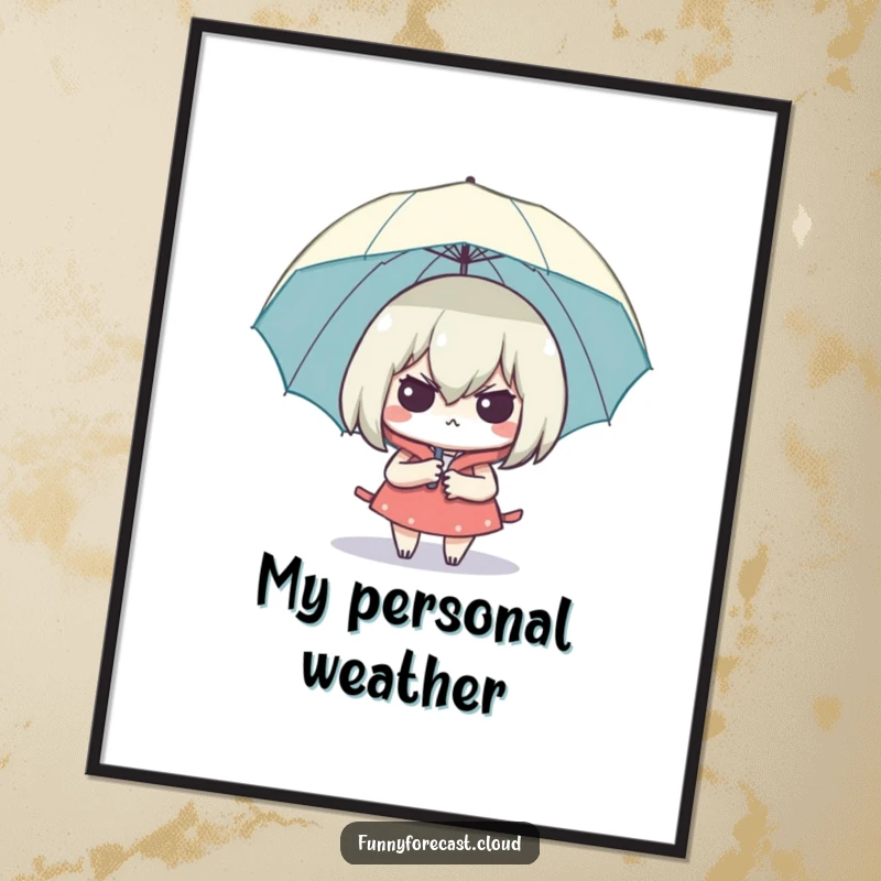 Funny Smug Umbrella Poster depicting a character looking dry and smug under an umbrella, conveying cleverness and preparedness.