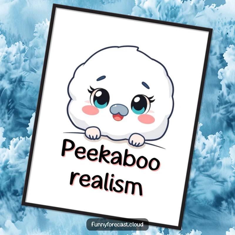 Funny kawaii fog character poster, peeking out with wide, curious eyes, mysterious and charming wall art.