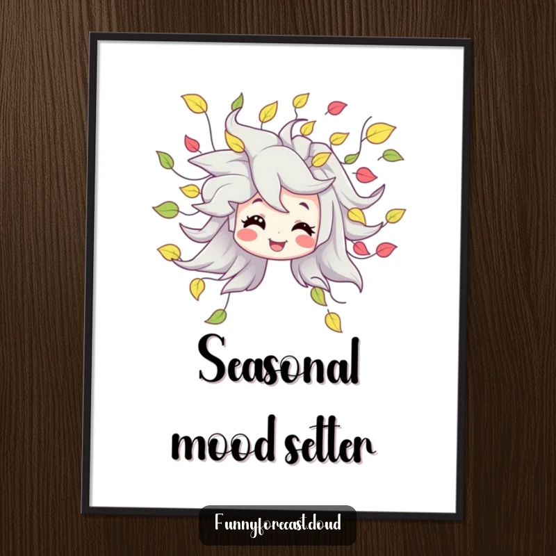 Funny poster art of a smiling wind character artistically blowing a dynamic, swirling cascade of leaves, ideal for room decor.