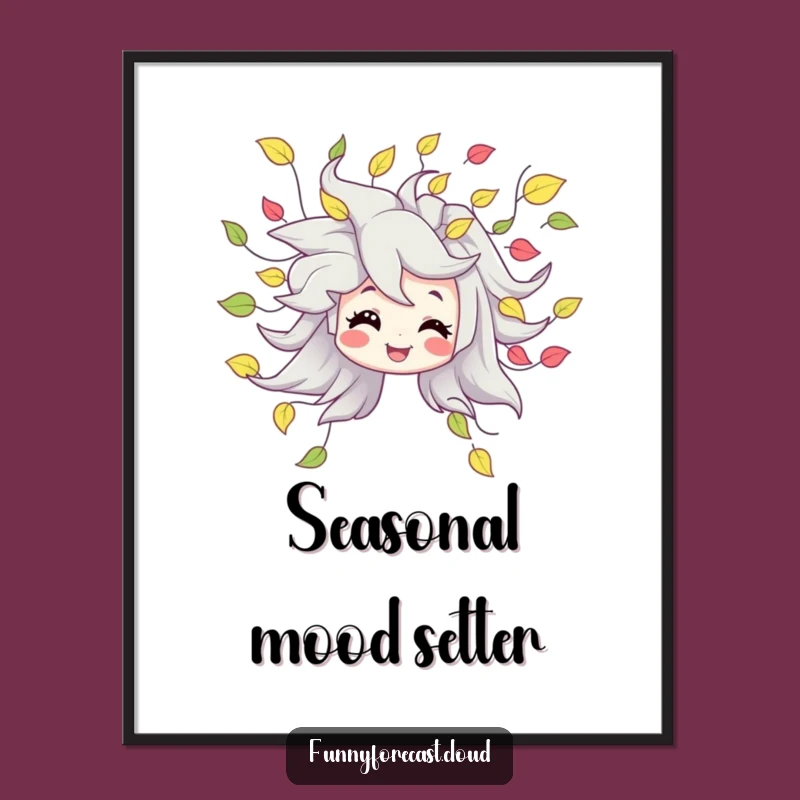 Funny Wall Art Poster: Smiling Wind Character's Leafy Cascade for a Joyful Room
