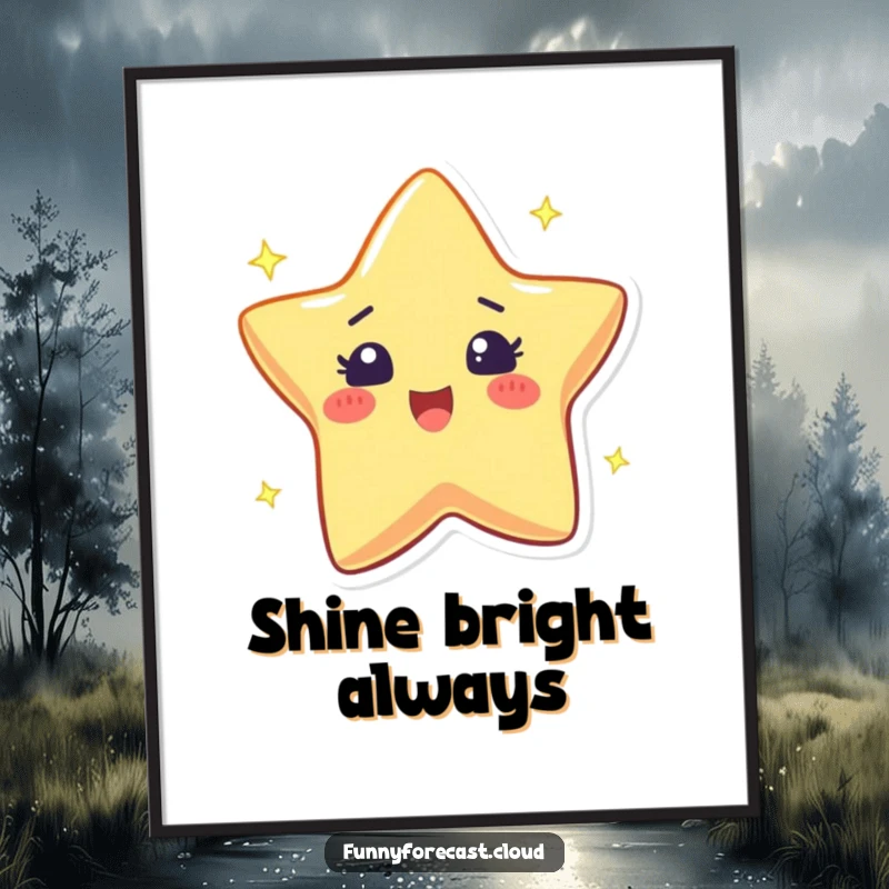 Funny poster showcasing a star character twinkling with an excited sparkle, radiating pure celestial joy.