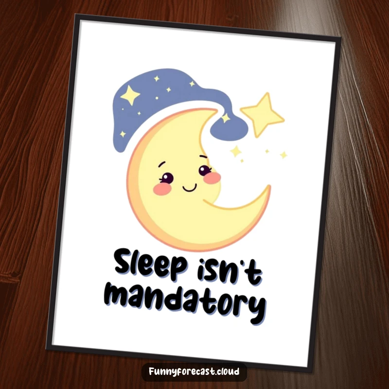 Funny winking crescent moon poster, vibrant starry sky background, adding celestial charm and humor to your wall decor, funny gift.