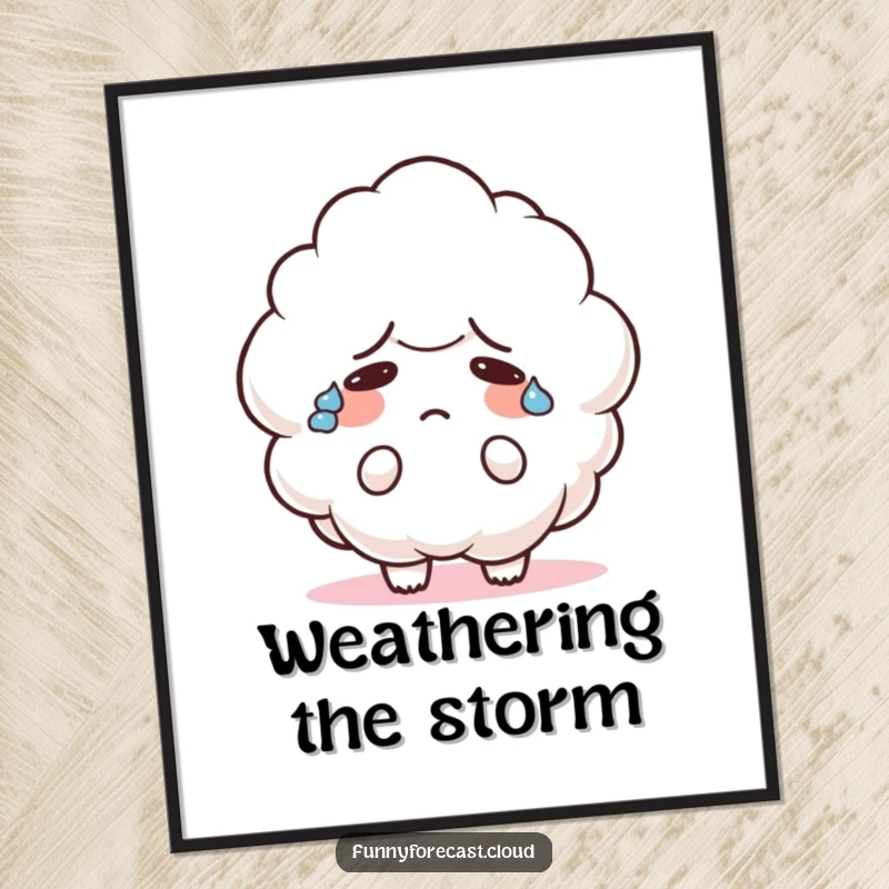 Funny poster art of a cute cloud character sweating heavily and looking confused, adding relatable humor and charm to decor.