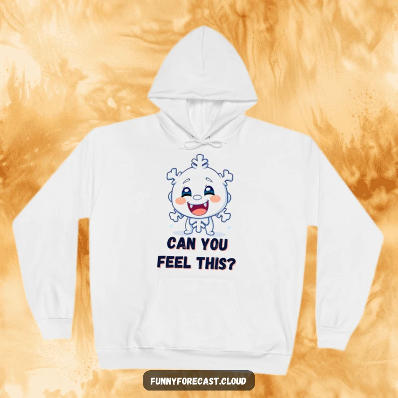 Funny hoodie displaying a shivering snowflake character with chattering teeth, offering a humorous and warm embrace for cold weather fun.