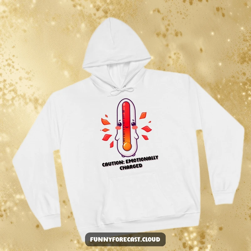 Funny kawaii thermometer hoodie, blushing bright red with intense heat, showing adorable embarrassment, cozy and humorous apparel gift.
