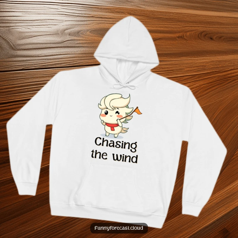 Funny hoodie featuring a wind character with puffed cheeks merrily blowing a tiny flag, perfect for cozy warmth and funny gifting.