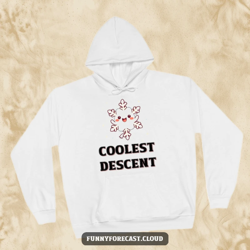 Funny kawaii snowflake character twirling joyfully, designed for a cozy and humorous hoodie.