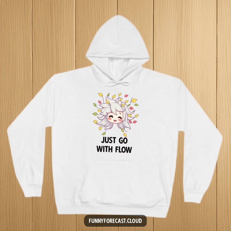 Funny hoodie with a smiling wind character creating a dynamic swirl of playful, falling leaves, perfect for cool weather.