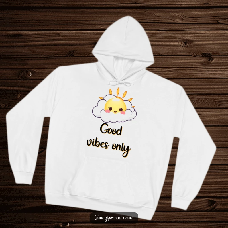 Funny kawaii sun peeking from behind a giggling wind cloud, a humorous and warm hoodie design.