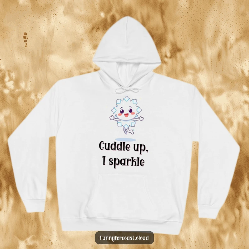 Funny hoodie featuring a happy snowflake character in a joyful twirl, leaving a trail of sparkles, perfect for cold weather.
