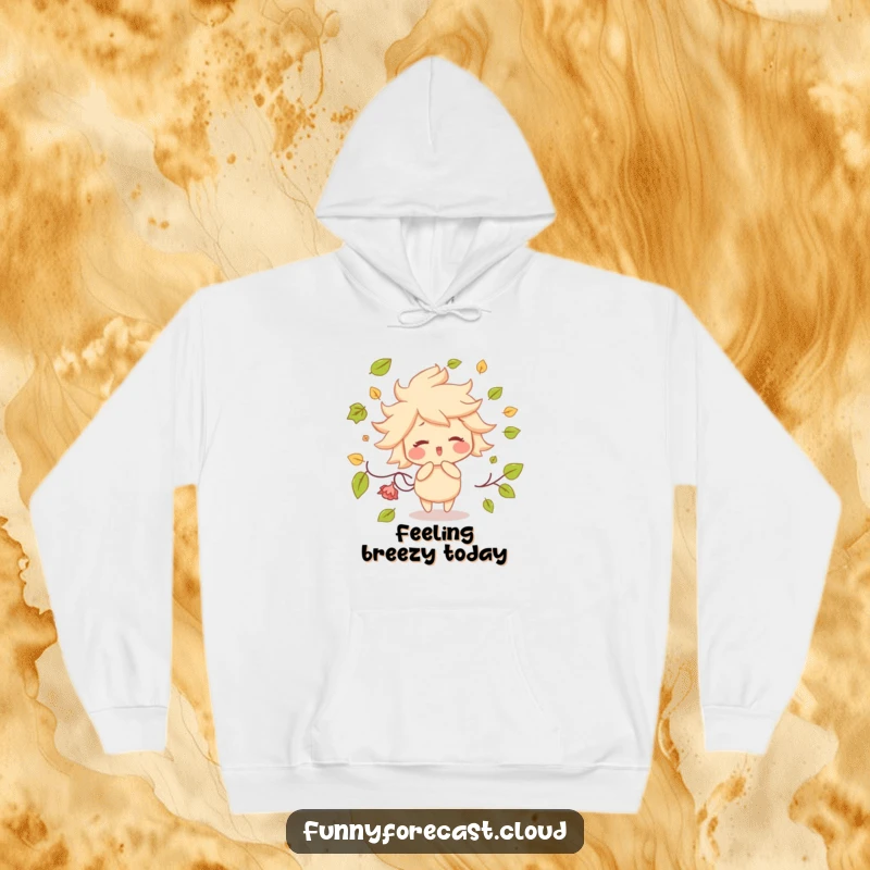 Funny hoodie depicting a cheerful wind character with bright rosy cheeks, playfully blowing a shower of autumn leaves all around.