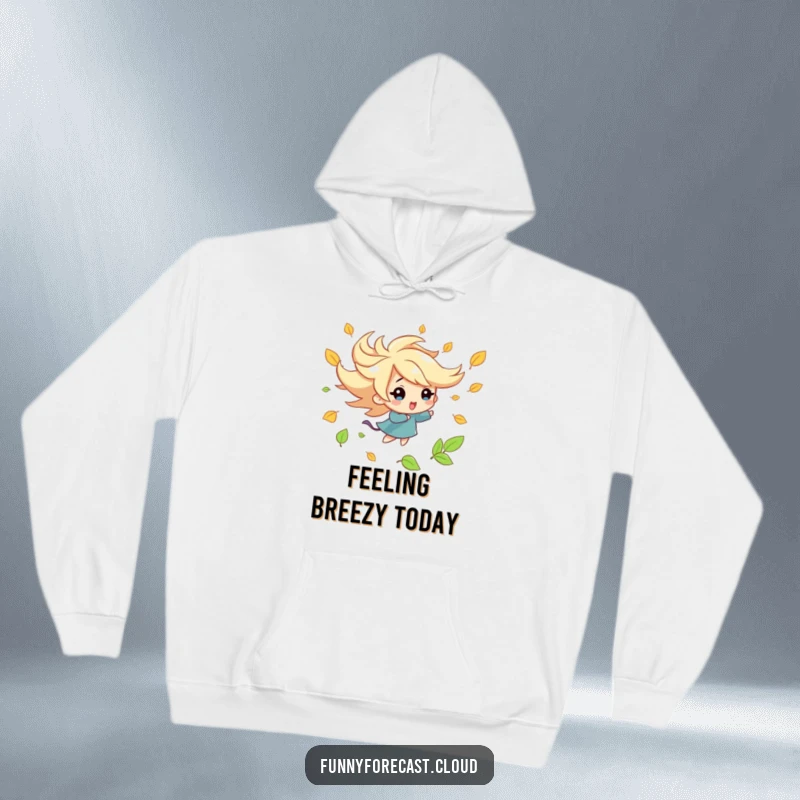 Funny kawaii wind character hoodie, playfully swirling colorful leaves, cozy and cheerful autumn apparel, perfect funny gift.