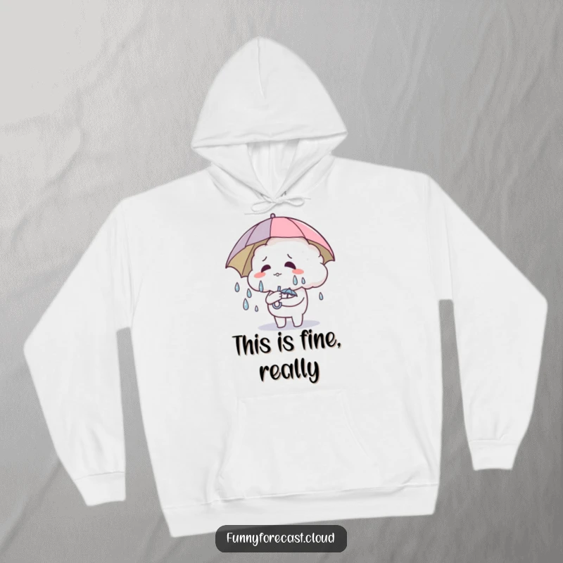 Funny Hoodie: A cute cloud character sweating profusely under a tiny umbrella, representing humorous coping.