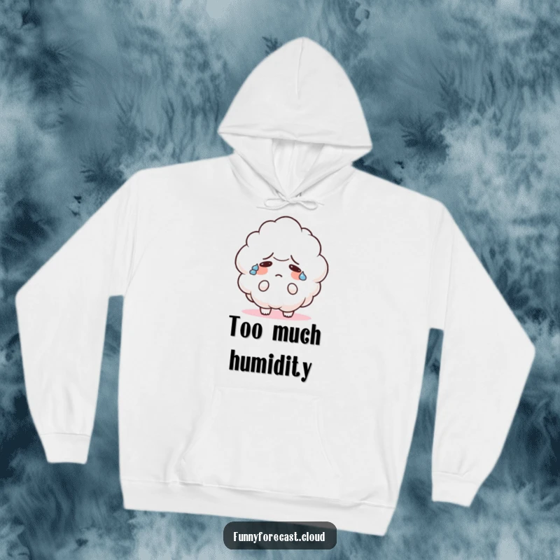 Funny hoodie showing a cute cloud character sweating heavily and looking confused, offering warmth and relatable, humorous comfort.