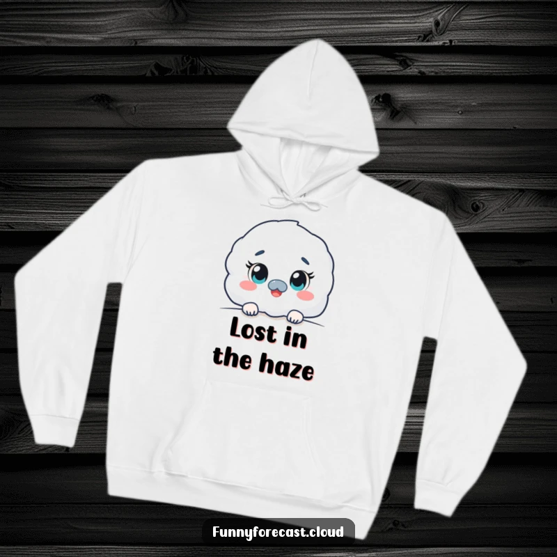 Funny kawaii fog character hoodie, peeking out with wide, curious eyes, soft, cozy apparel with a hint of humor.