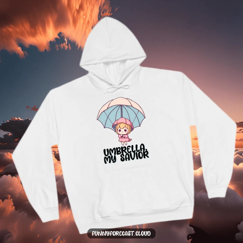 Funny Kawaii Parachute Hoodie depicting a charming character using an umbrella as a makeshift parachute, perfect for staying warm and amused.