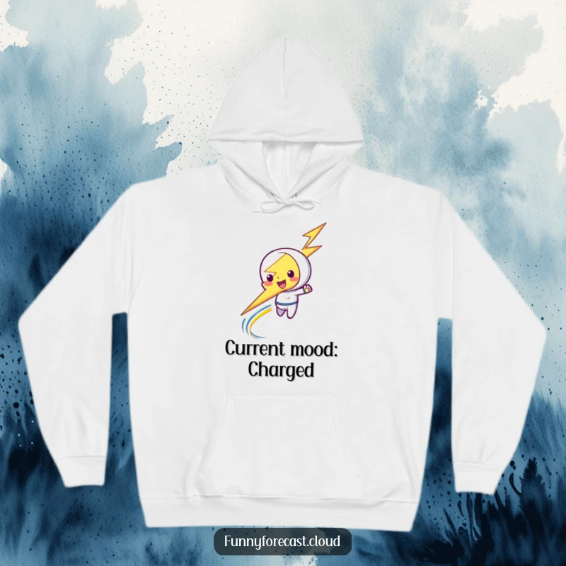 Funny hoodie featuring a playful lightning bolt character zipping along, radiating energetic vibes and cozy warmth.