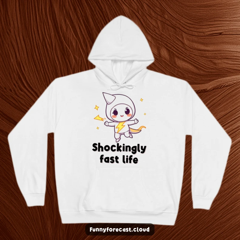Funny lightning bolt character zipping with a playful streak, depicted on a warm and humorous hoodie, ideal for casual wear.