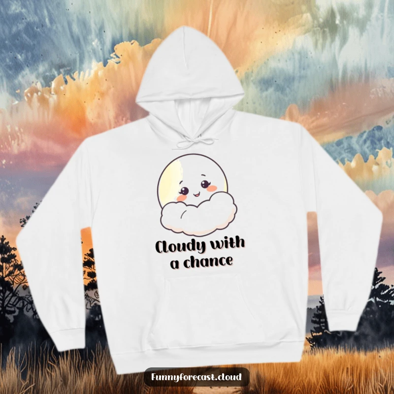 Funny smiling moon character peeking from behind a fluffy cloud, creating a serene and humorous design on a cozy hoodie.