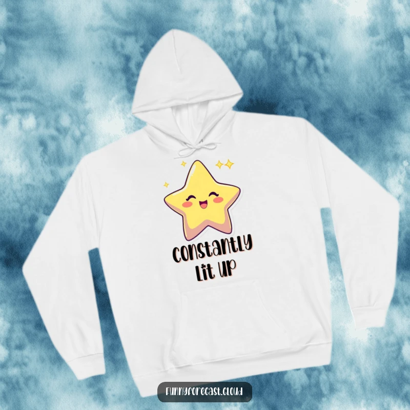 Funny star character twinkling with an excited sparkle, creating a warm and humorous design on a cozy hoodie.