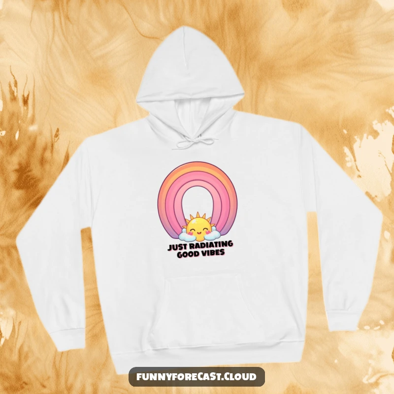 Funny Hoodie: A smiling sun and a colorful rainbow character creating an uplifting arch, perfect for cozy, happy vibes.