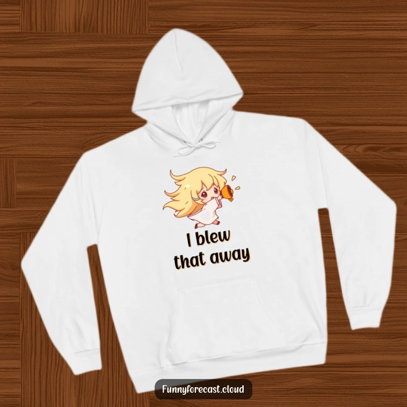 Funny Wind Gust Hoodie featuring a person being blown away by a strong wind character, symbolizing humorous resilience and warmth.