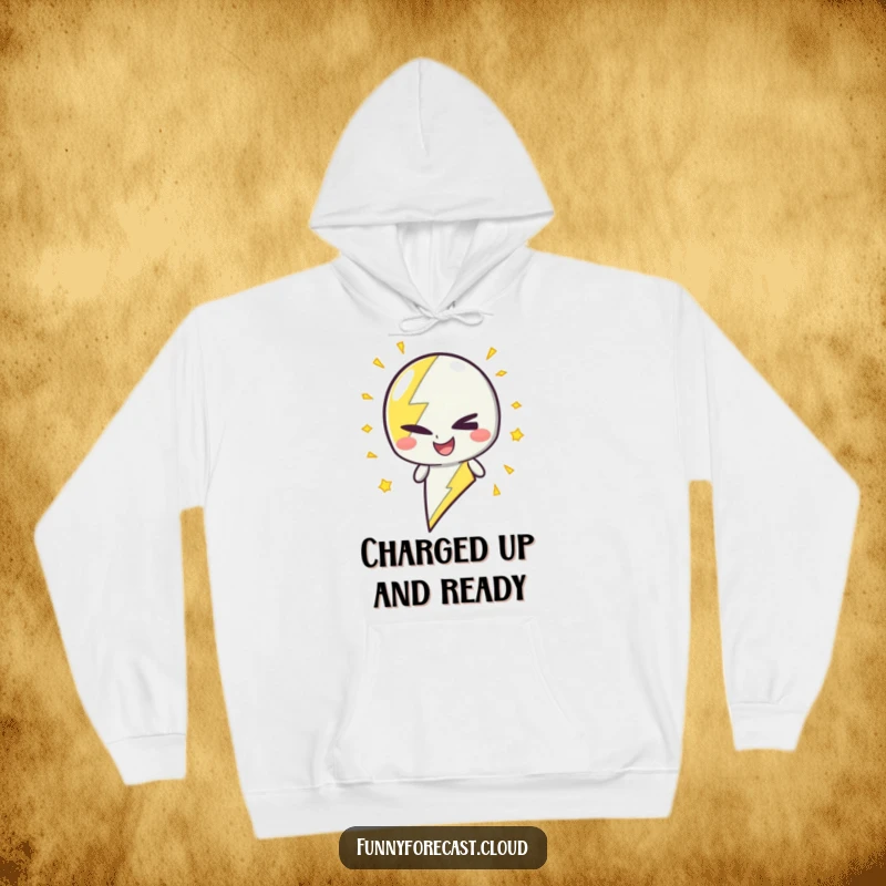 Funny Hoodie: A lightning bolt character winking mischievously with energetic crackles, great for cozy wear.