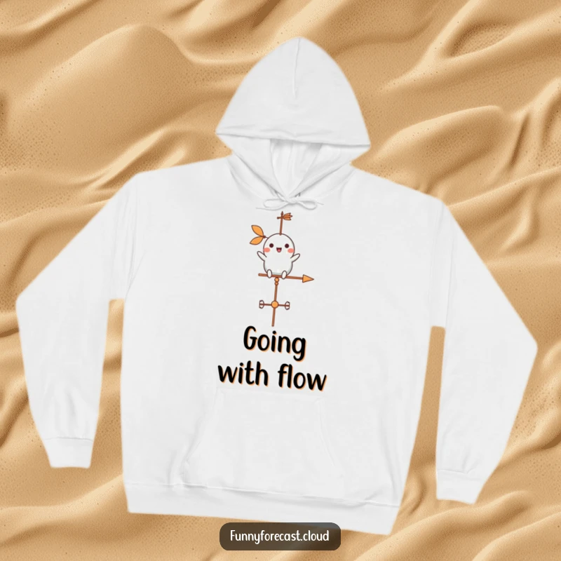Funny weather vane character cheerfully spinning in a gentle breeze on a hoodie, providing warmth and whimsy.